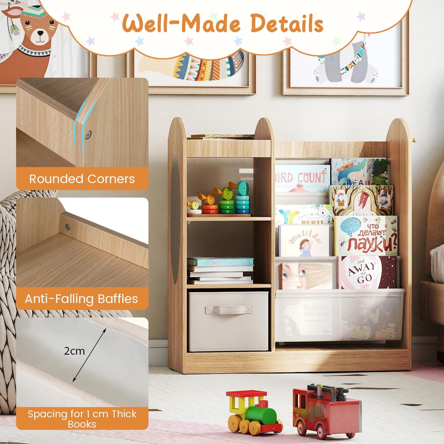 Kids Bookshelf, Toy Storage Organizer with Full-Length Mirror