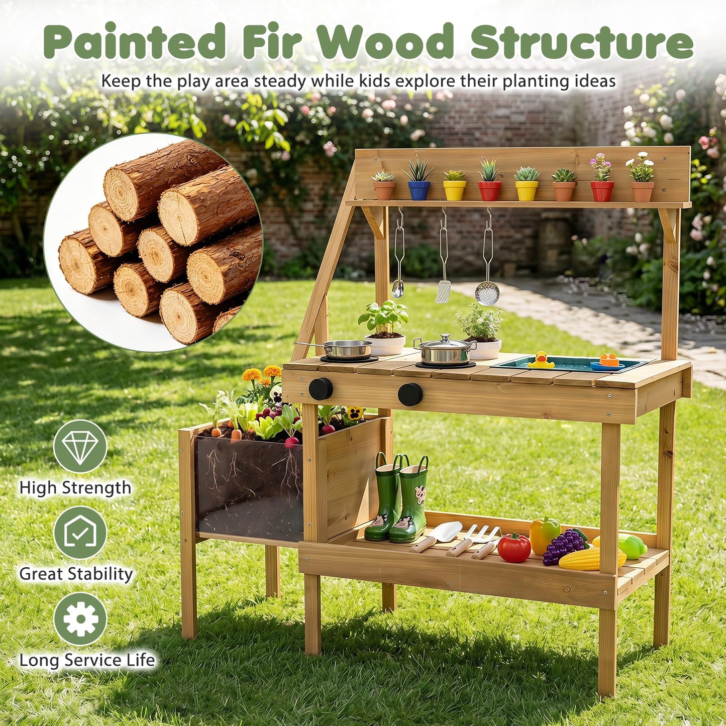 Wooden Chef Pretend Kitchen Playset with Planter Box, Stoves, Sink