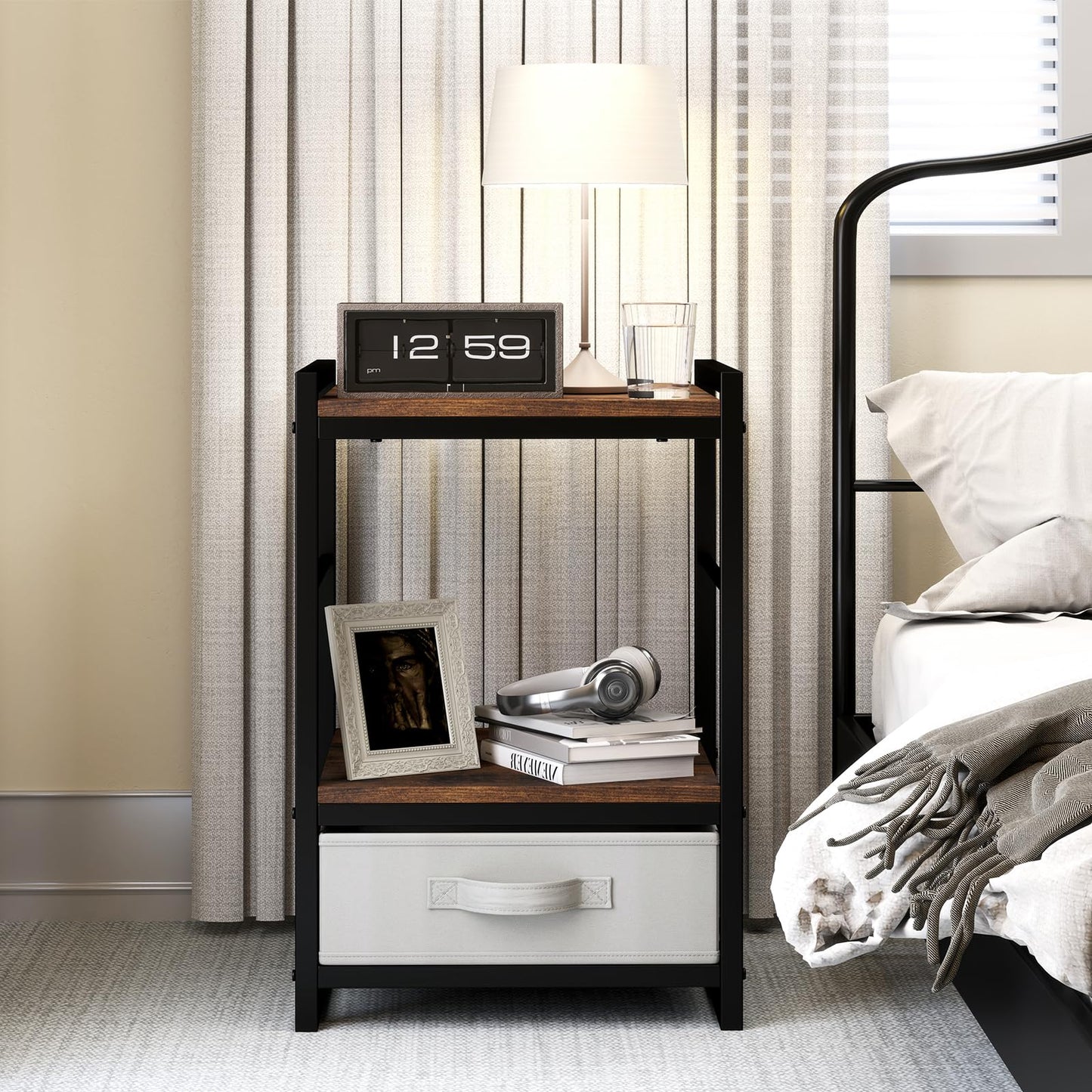 Nightstand Bedside Table with Fabric Drawer Open Wood Shelf