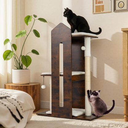 Wooden Cat Activity Center with Sisal Scratching Posts and Hanging Balls