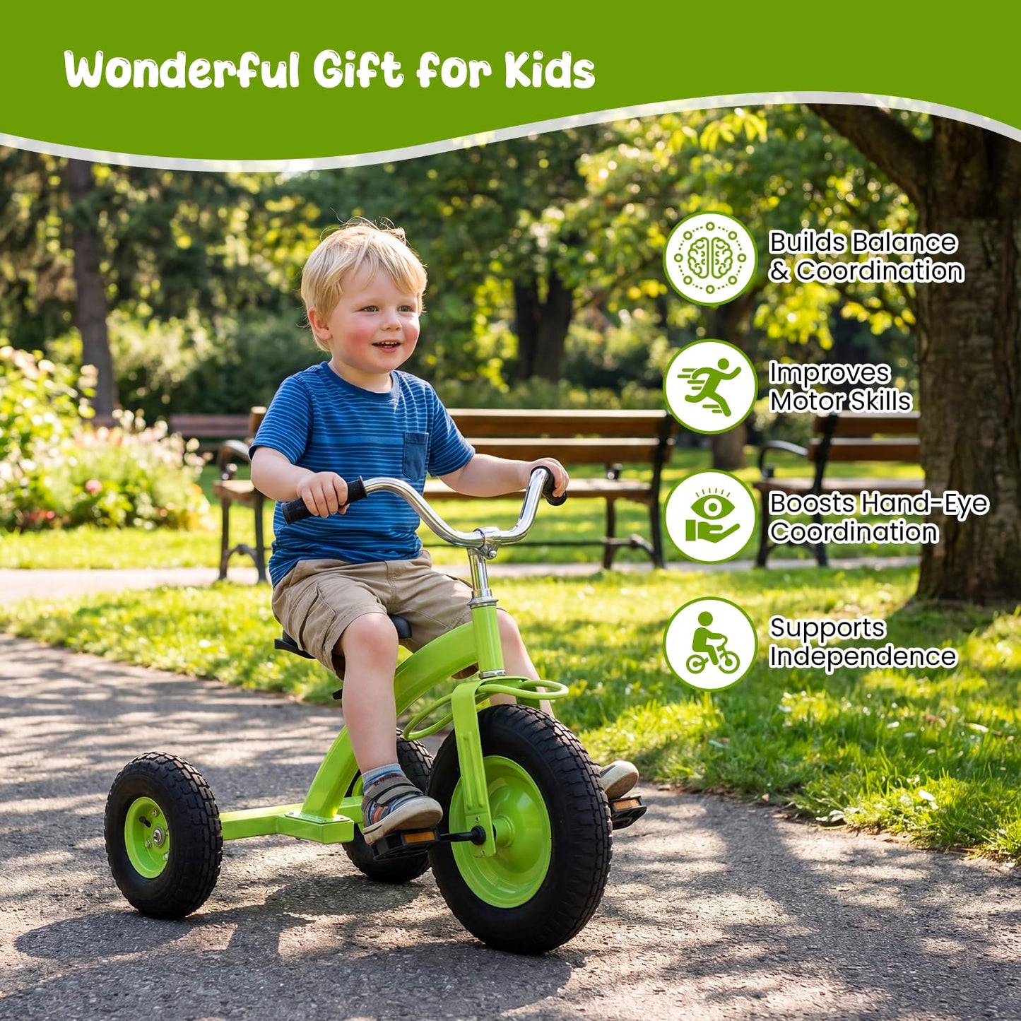 Kids Tricycle ( 84 x 55 x 68-77cm, without Storage Basket) | Carbon Steel Toddler Trike with Inflatable Rubber Tires