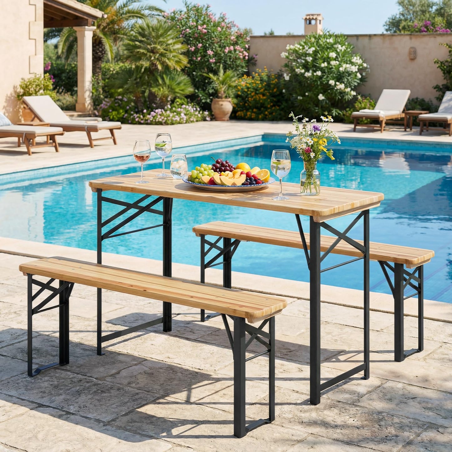 3 Piece Folding Picnic Table and Bench Set, Wooden Portable Camping Trestle Table Chairs