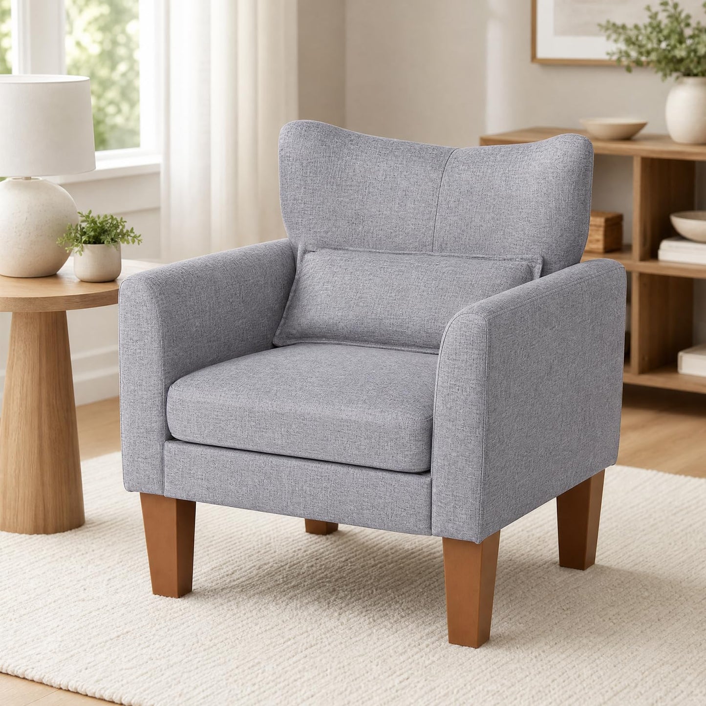 Wingback Armchair, Linen Fabric Accent Chair with Pillow