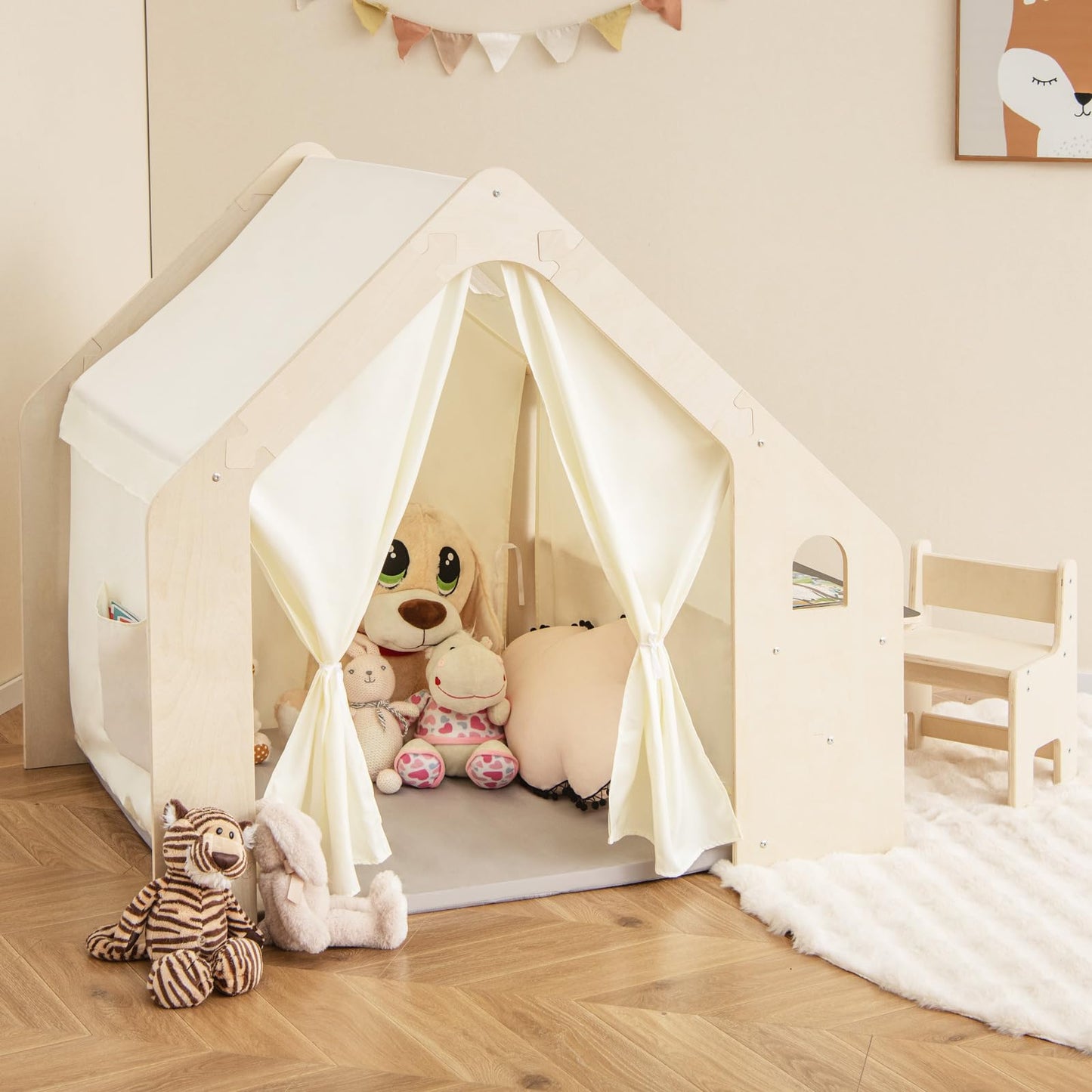 Wooden Playhouse with Floor Mat for 3-6 Years Old