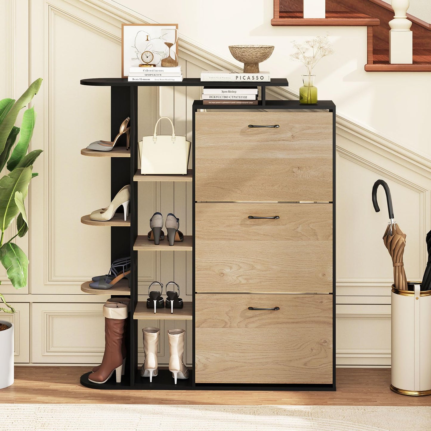 Slim Shoe Cabinet with 3 Flip Drawers, Open Shelves