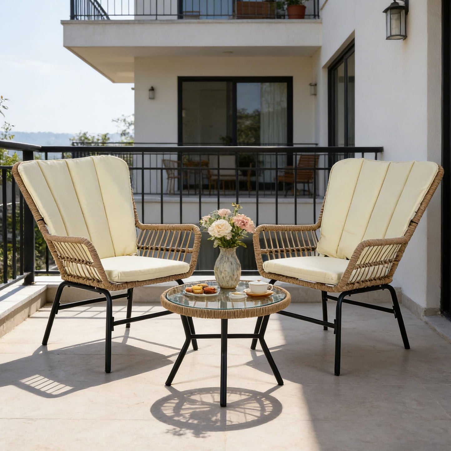 3 Pieces Patio Bistro Set Outdoor PE Wicker Conversation Set with Tempered Glass Coffee Table