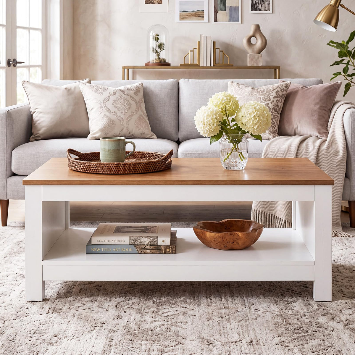 2-Tier Coffee Table with Open Storage Shelf, White+Natural