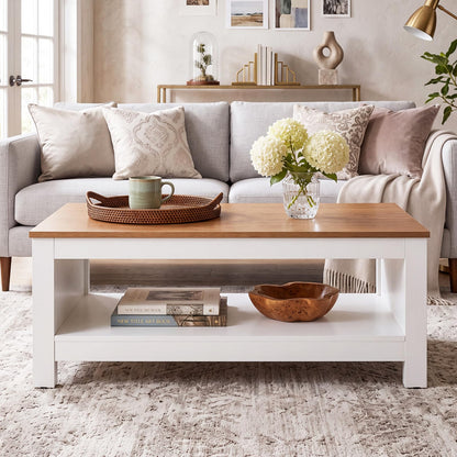 2-Tier Coffee Table with Open Storage Shelf, White+Natural
