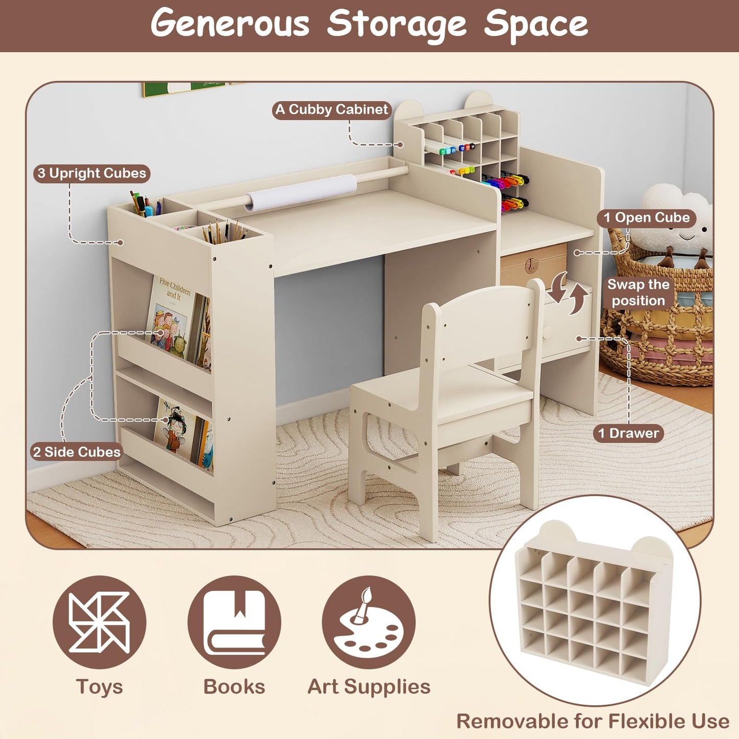 Kids Art Table and Chair Set with Removable Paper Roll Holder