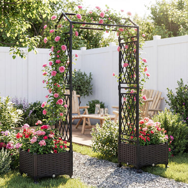 Self-Watering Planter Boxes with Lattice Trellis and Roof for Climbing Vine