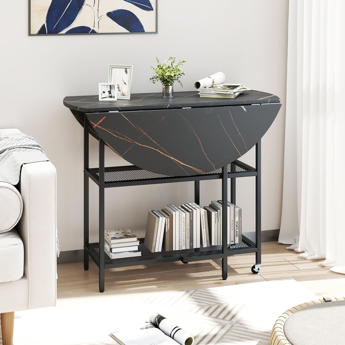 Round Drop Leaf Table with 2 Mesh Shelves & 2 Lockable Wheels