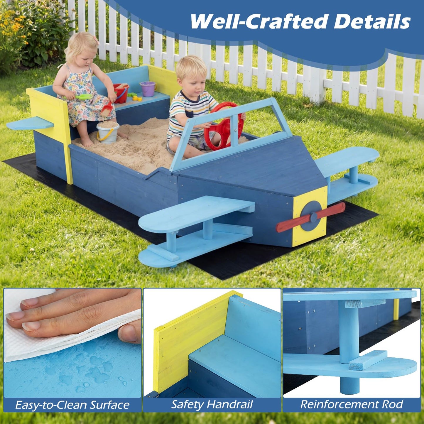 Wooden Kids Sandpit, Glider-Shape Sand Box with Bench Seat, Propeller, Rotatable Rudder