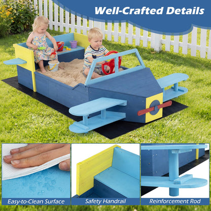 Wooden Kids Sandpit, Glider-Shape Sand Box with Bench Seat, Propeller, Rotatable Rudder