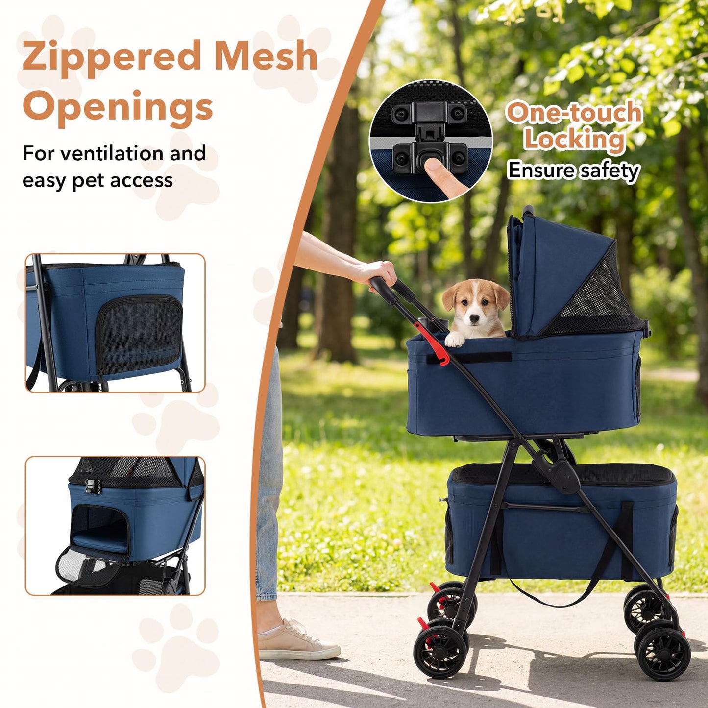 Double Pet Stroller, 4 Wheels Foldable Dog Pushchair Cat Buggy