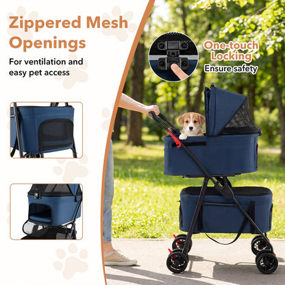 Double Pet Stroller, 4 Wheels Foldable Dog Pushchair Cat Buggy