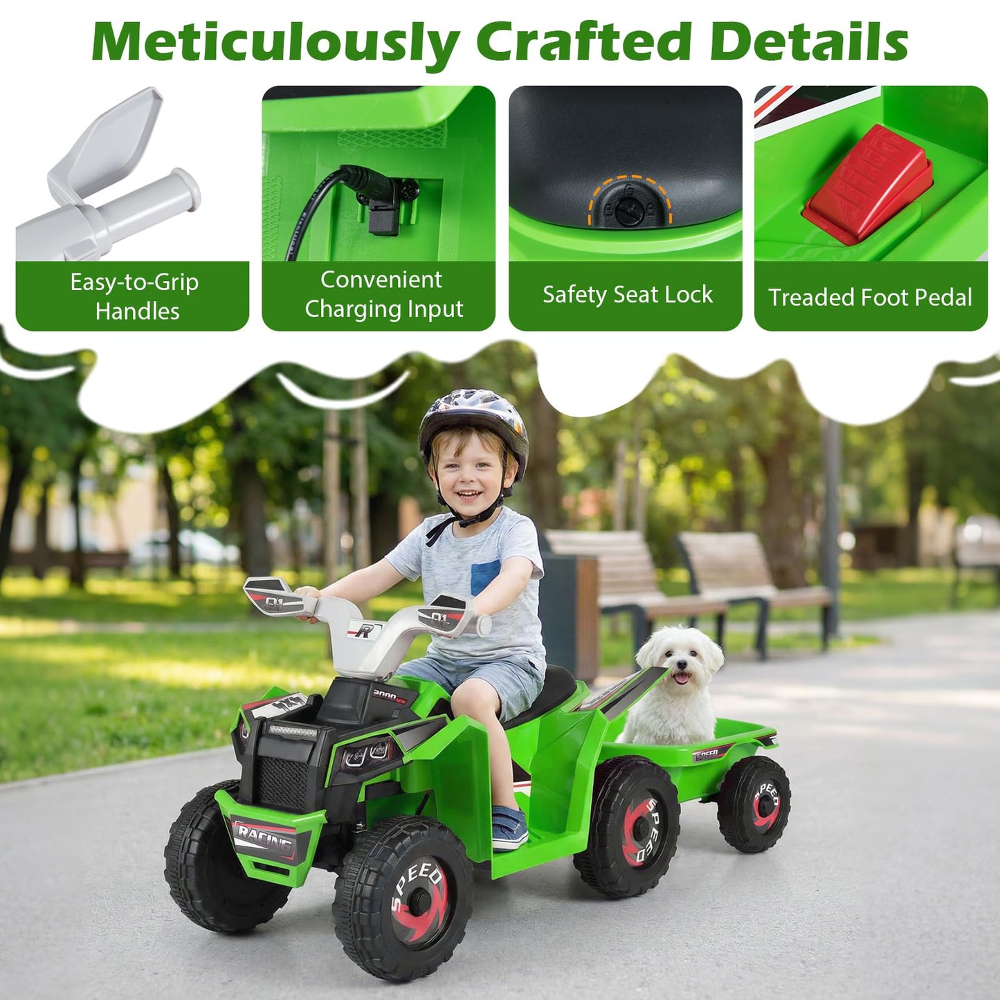 6V Kids Electric Quad with Removable Back Trailer Toddler Ride On ATV