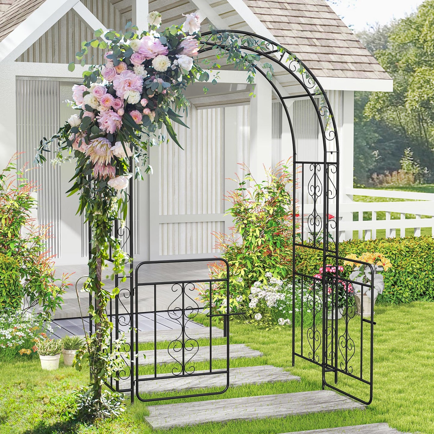 Garden Arbor with Gate and Multiple Side Crossbars for Decoration