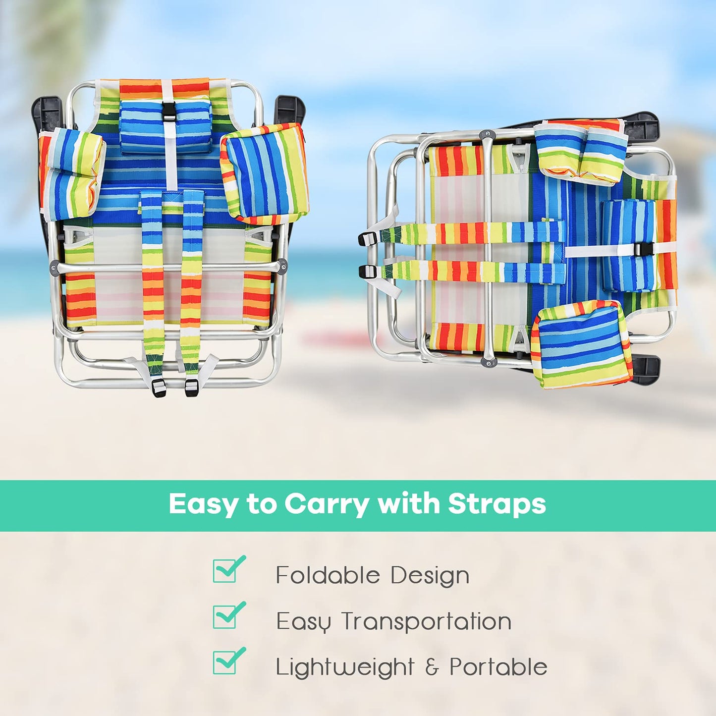 2 Pack Folding Backpack Beach Chair, 5 Adjustable Position Camping Chair