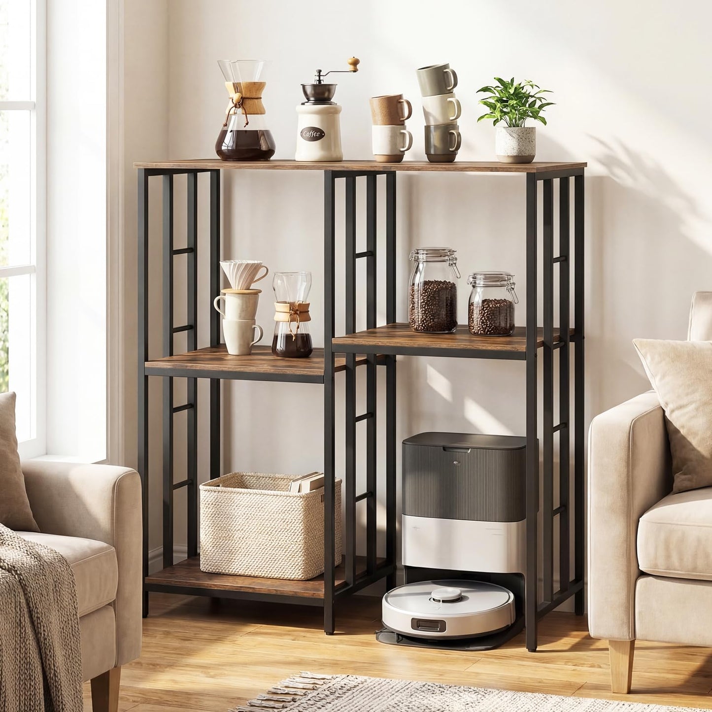 Kitchen Baker's Rack Industrial Coffee Bar Table with Shelves
