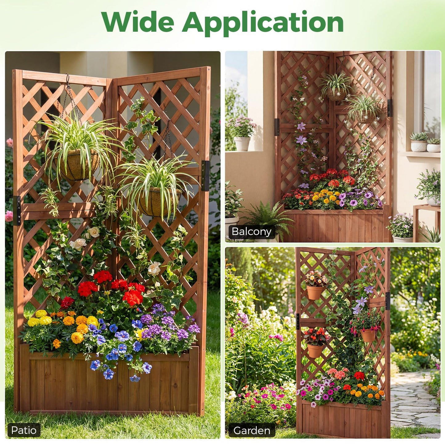 Wooden Planter with Trellis, Corner Raised Garden Bed with Drainage Holes