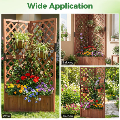 Wooden Planter with Trellis, Corner Raised Garden Bed with Drainage Holes