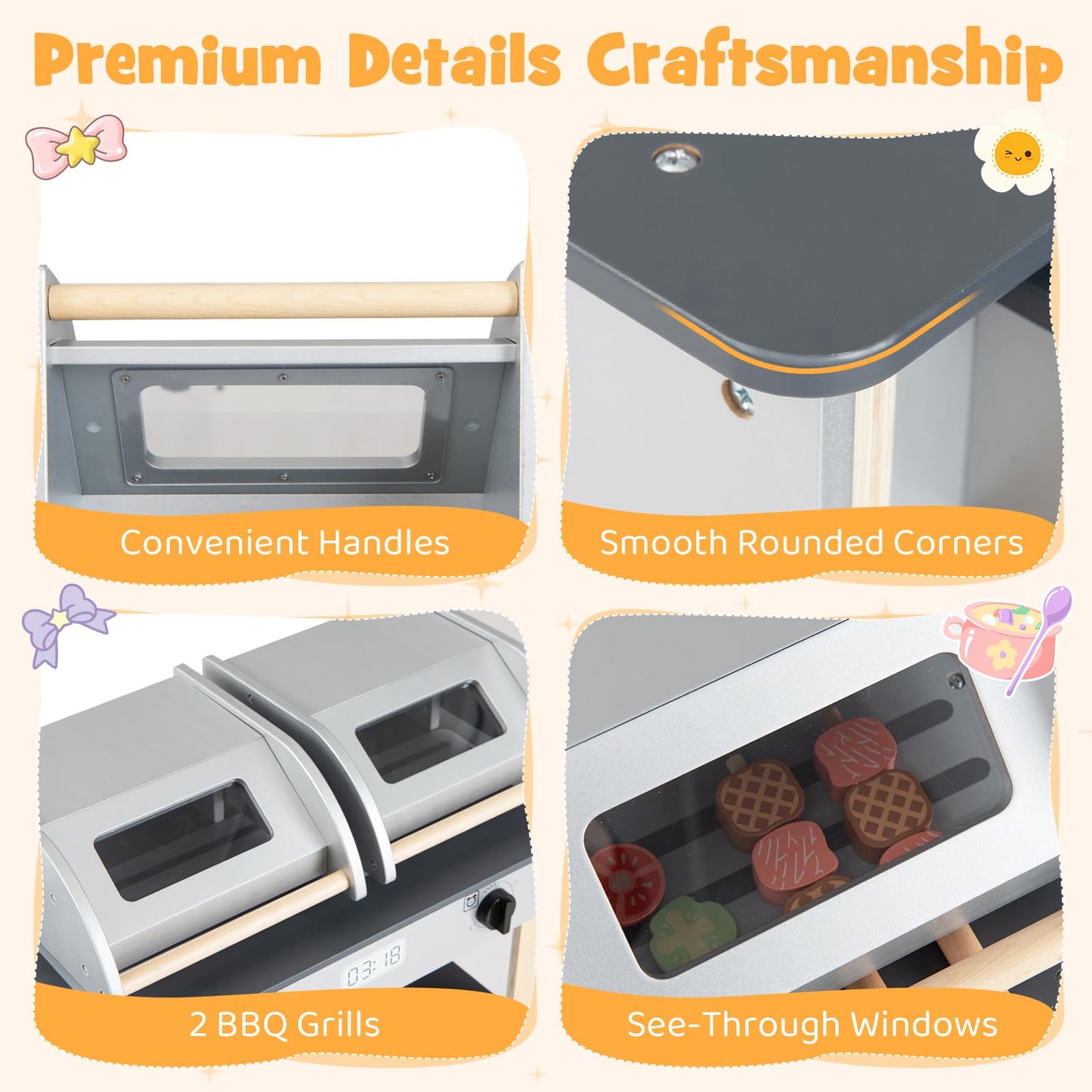 Kids BBQ Grill Playset, Wooden Toy Kitchen with Flip-Top Grill Covers