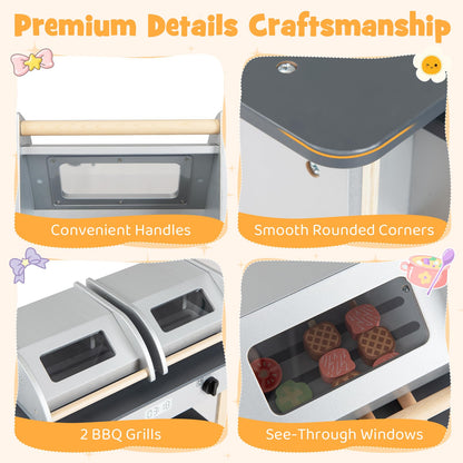 Kids BBQ Grill Playset, Wooden Toy Kitchen with Flip-Top Grill Covers