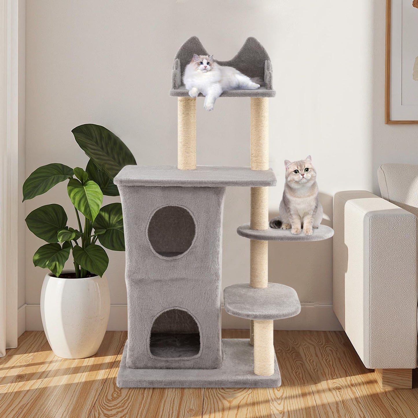 Cat Tree, 123cm Tall Multi-Layer Cats Tower with Plush Perch, 2-story Condo, 3 Hideaway Caves