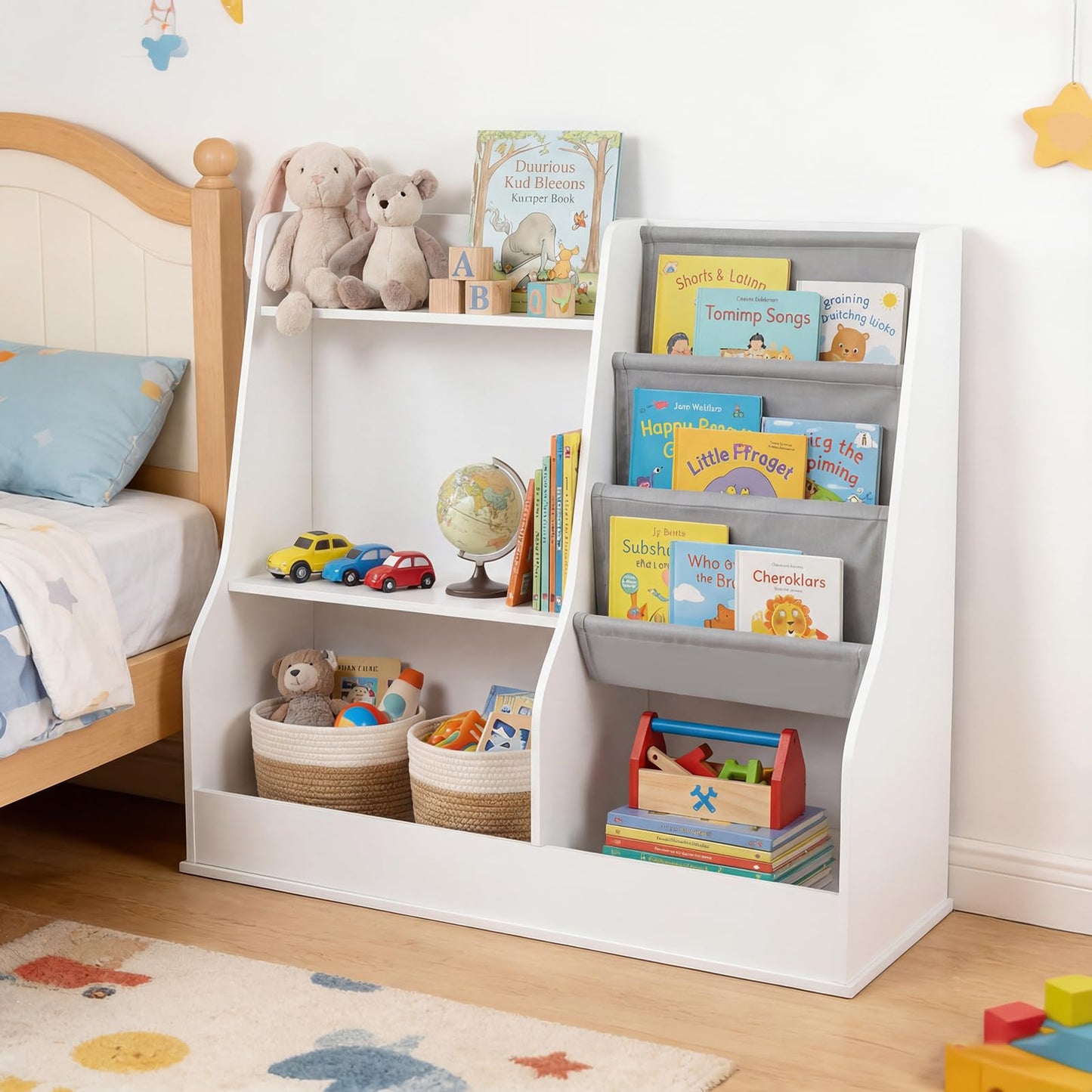 Kids Bookshelf 80 CM Wooden Toy Storage Organizer with 3 Tiers of Fabric Pockets