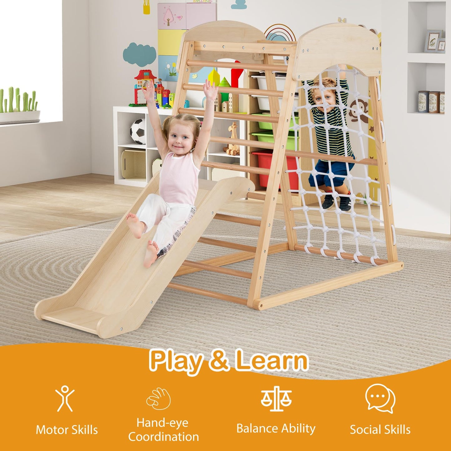 4-in-1 Jungle Gym Wooden Indoor Toddler Playground