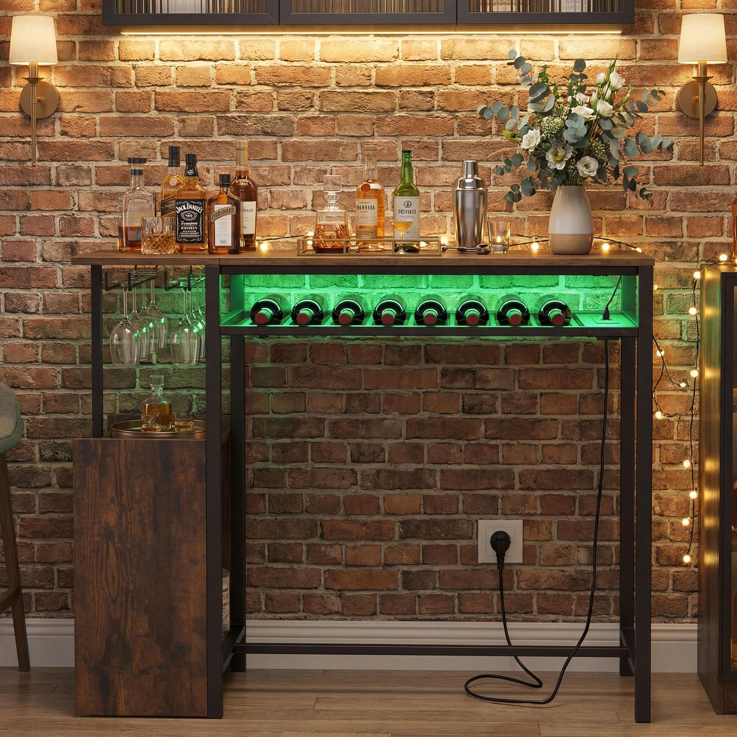 Rectangular Bar Table with RGB Light and 8-Bottle Wine Rack