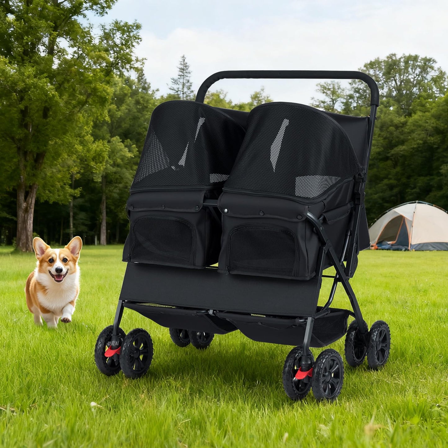 Double Pet Stroller, Foldable Dog Travel Pushchair Cat Buggy