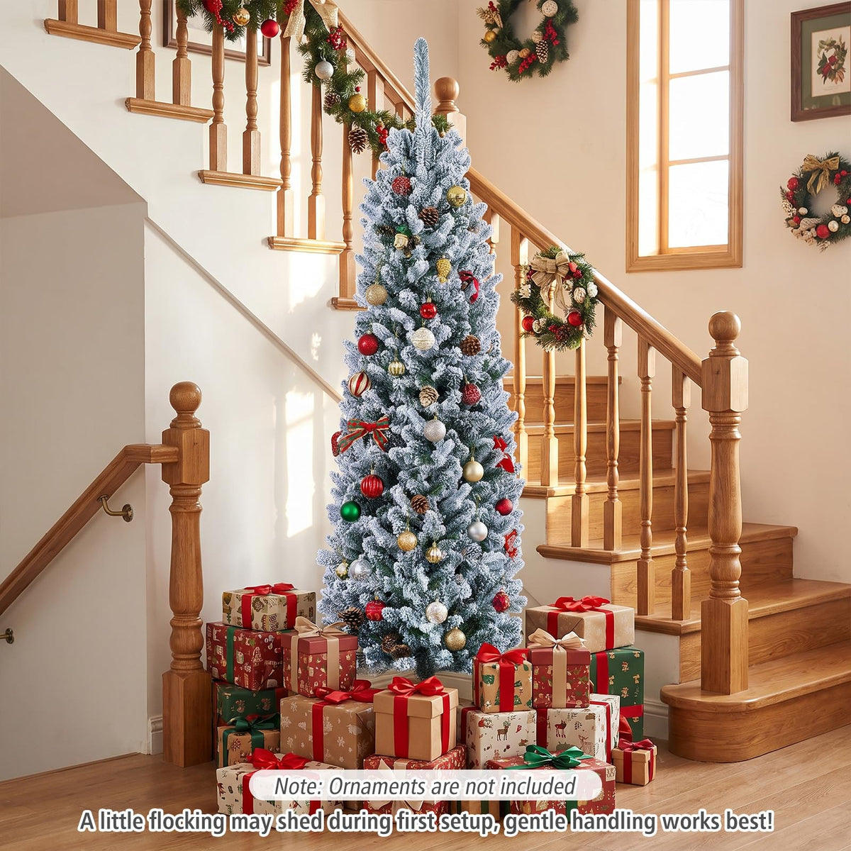 5/6FT Pre-Lit Christmas Tree, Artificial Frosted Hinged