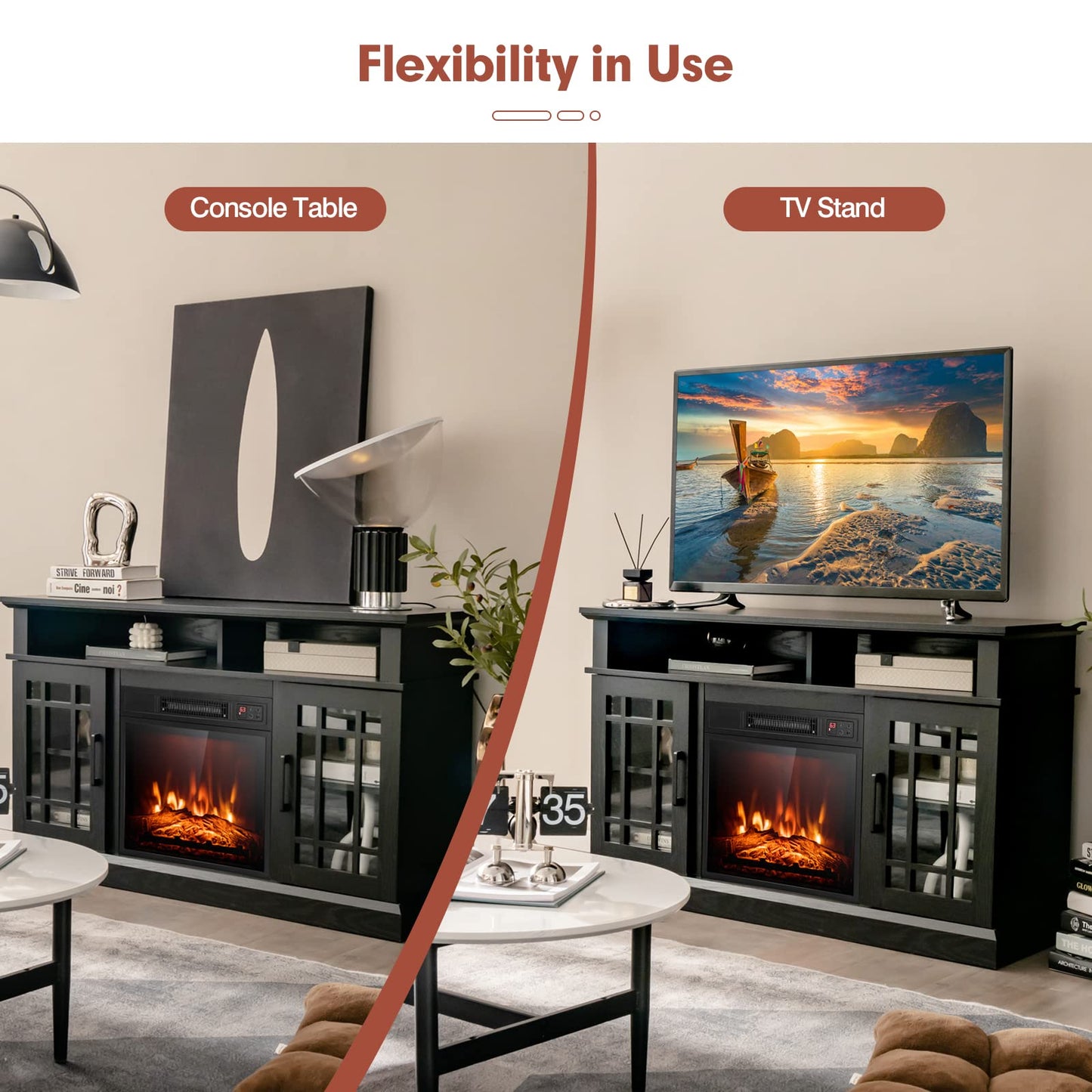 48cm Fireplace TV Stand with LED Lights Entertainment Center for 65 Inch TV