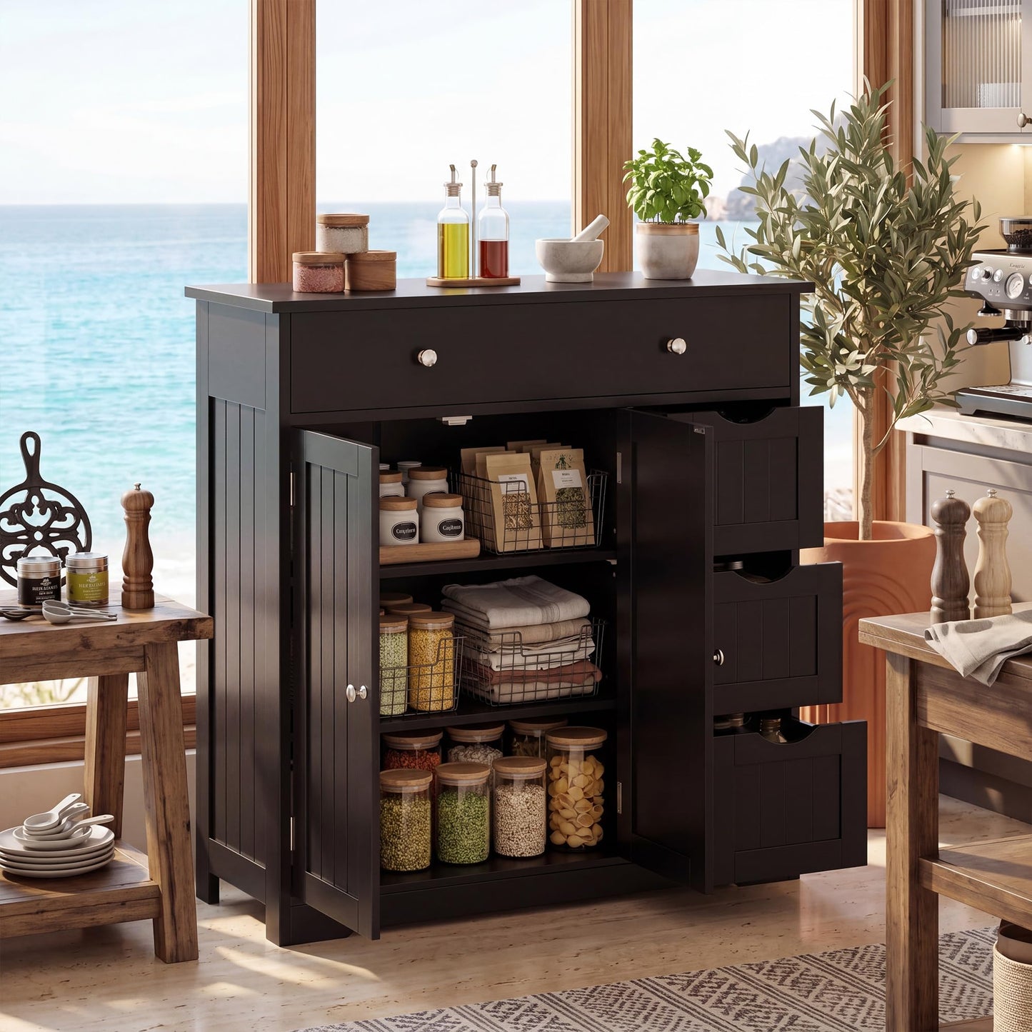 Bathroom Floor Cabinet, Freestanding Wooden Storage Cupboard with 4 Drawers