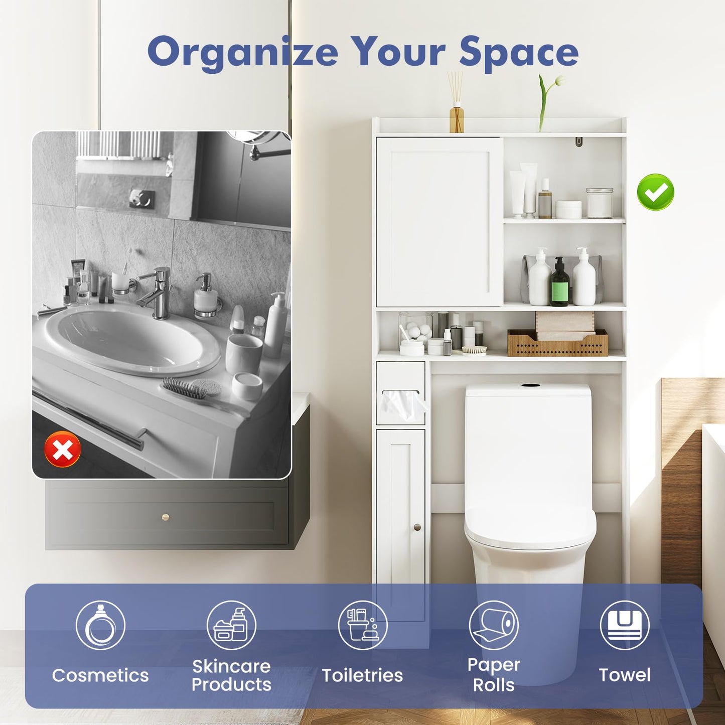 Over-the-Toilet Storage Cabinet Standing Toilet Rack with Sliding Door
