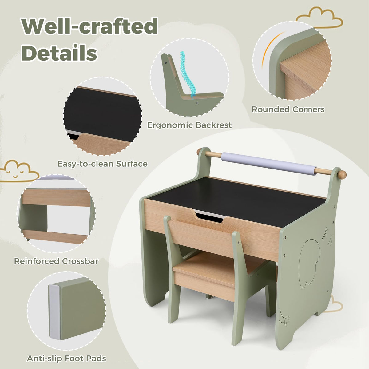 Kids Art Table and Chair Set with Paper Roll for Drawing