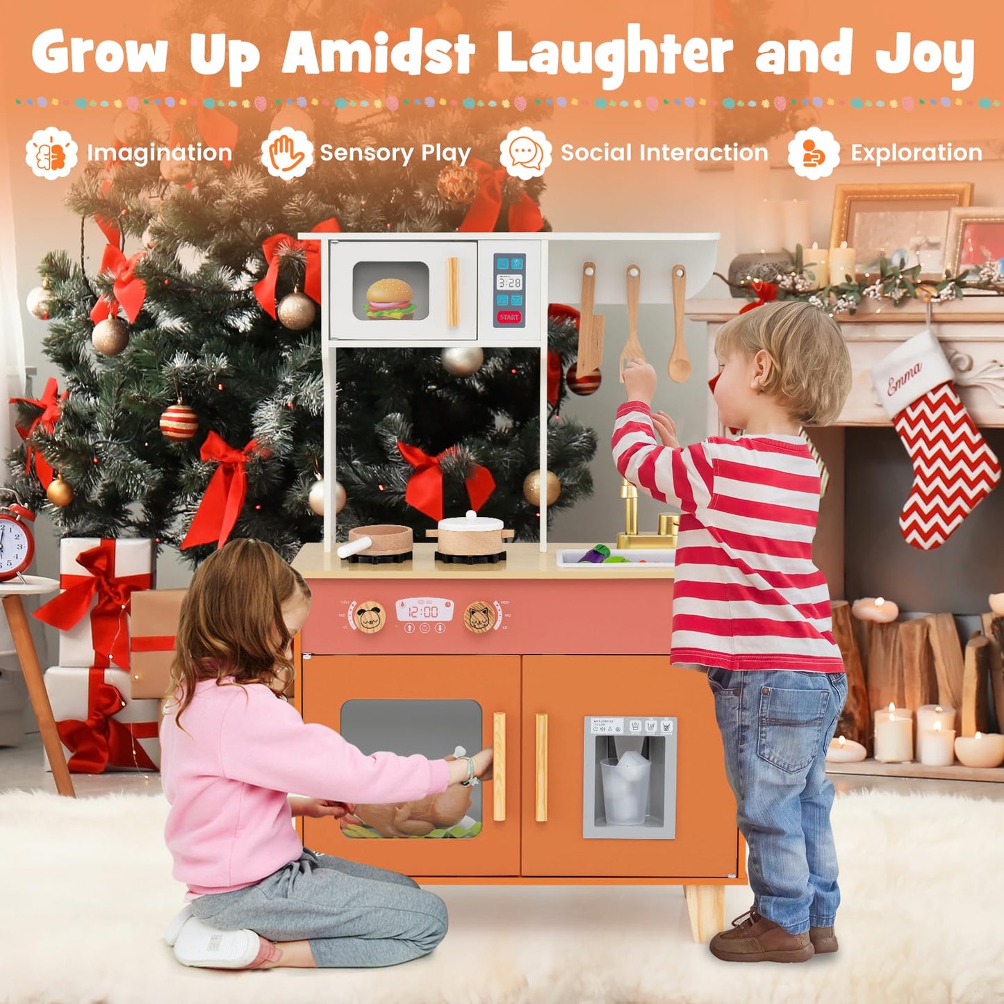 Wooden Play Kitchen with Cookware Accessories for Ages 3-6