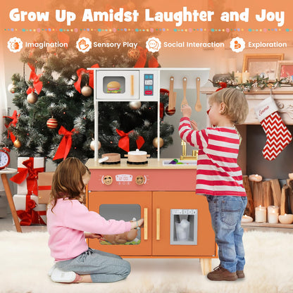 Wooden Play Kitchen with Cookware Accessories for Ages 3-6
