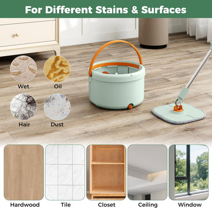 Flat Floor Mop and Bucket System with Washable Microfiber Pads
