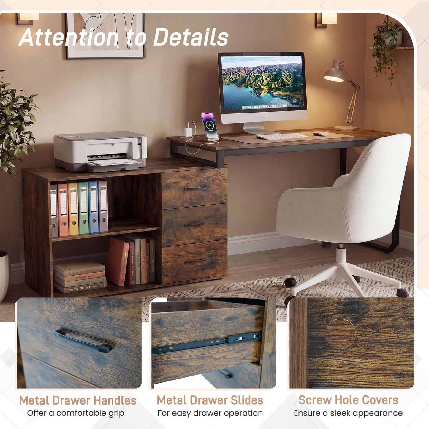 L Shaped Computer Desk with 3 Drawers and 2 Shelves, 140 cm Reversible Home Office Corner Desk