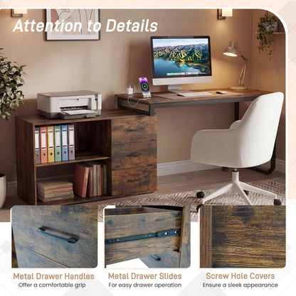 L Shaped Computer Desk with 3 Drawers and 2 Shelves, 140 cm Reversible Home Office Corner Desk