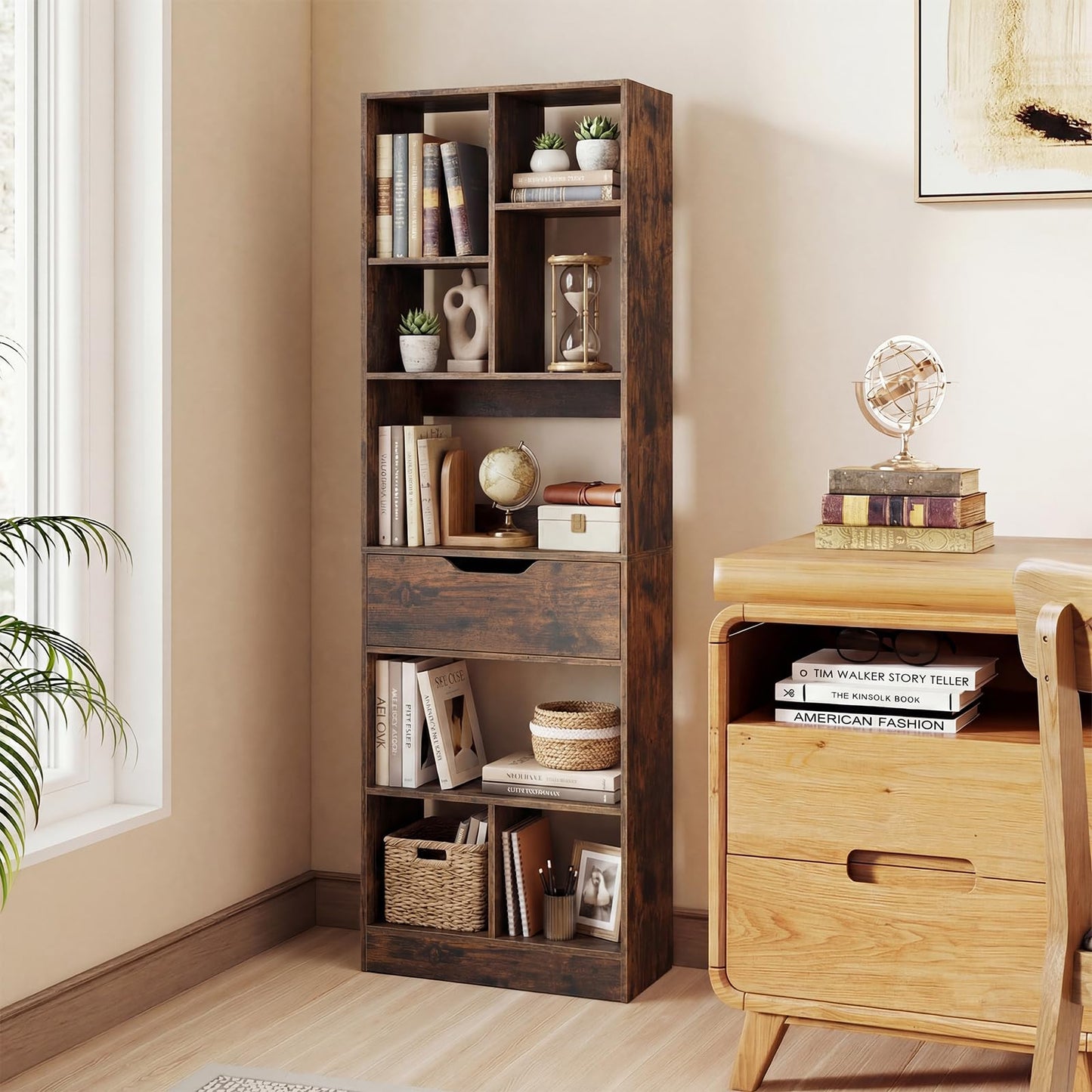 Bookcase with Drawer, Tall Freestanding Bookshelf
