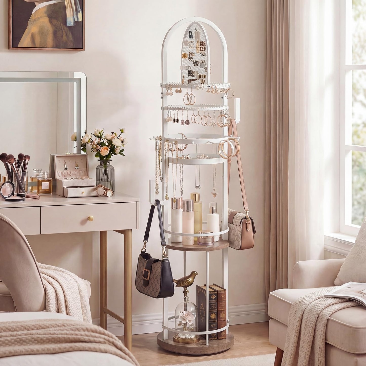 Jewelry Organizer Stand, 360° Rotating Floor Standing Jewelry Storage Rack with Earring Necklace Holders