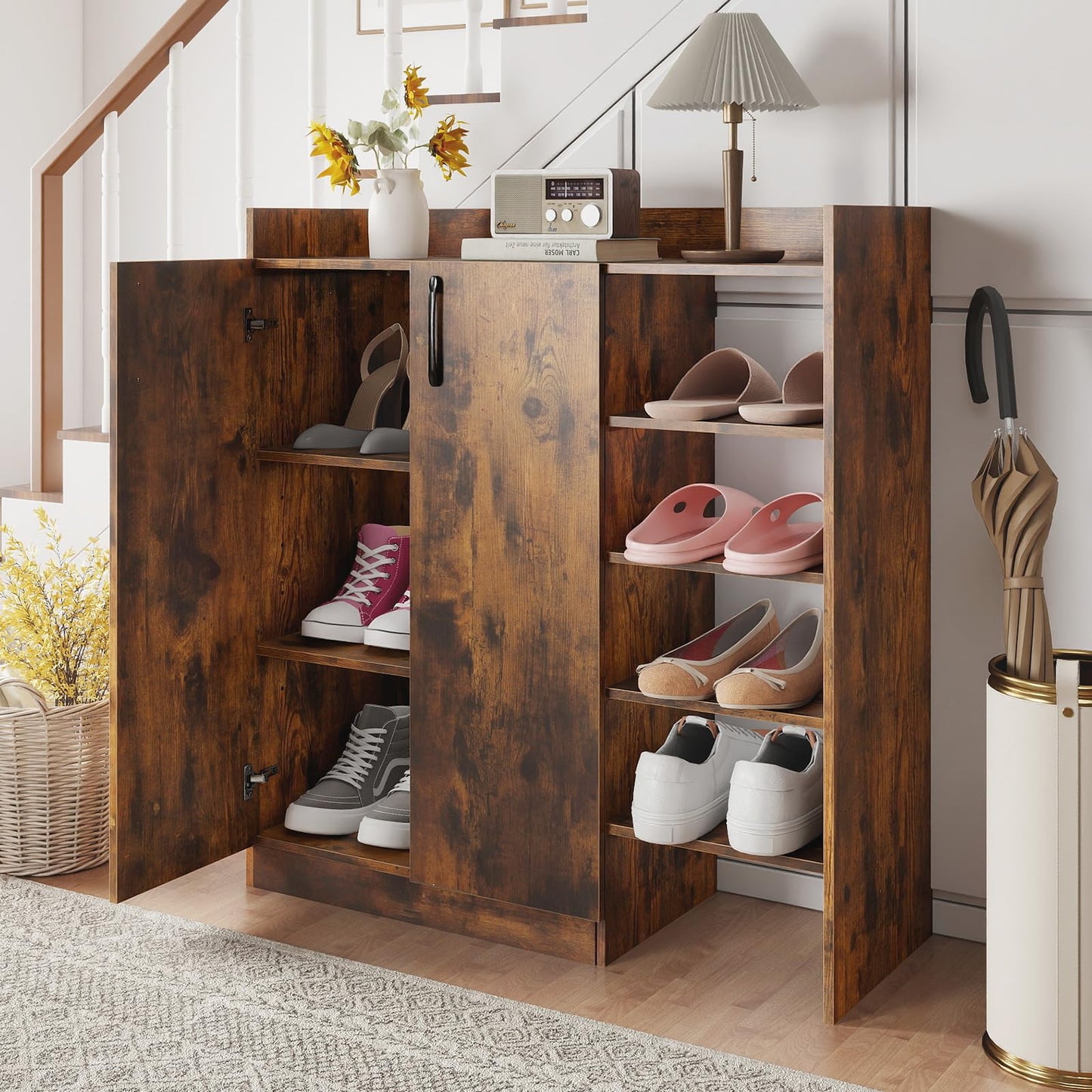 Shoe Storage Organizer with 2 Adjustable Inner Shelves and 4 Open Shelves