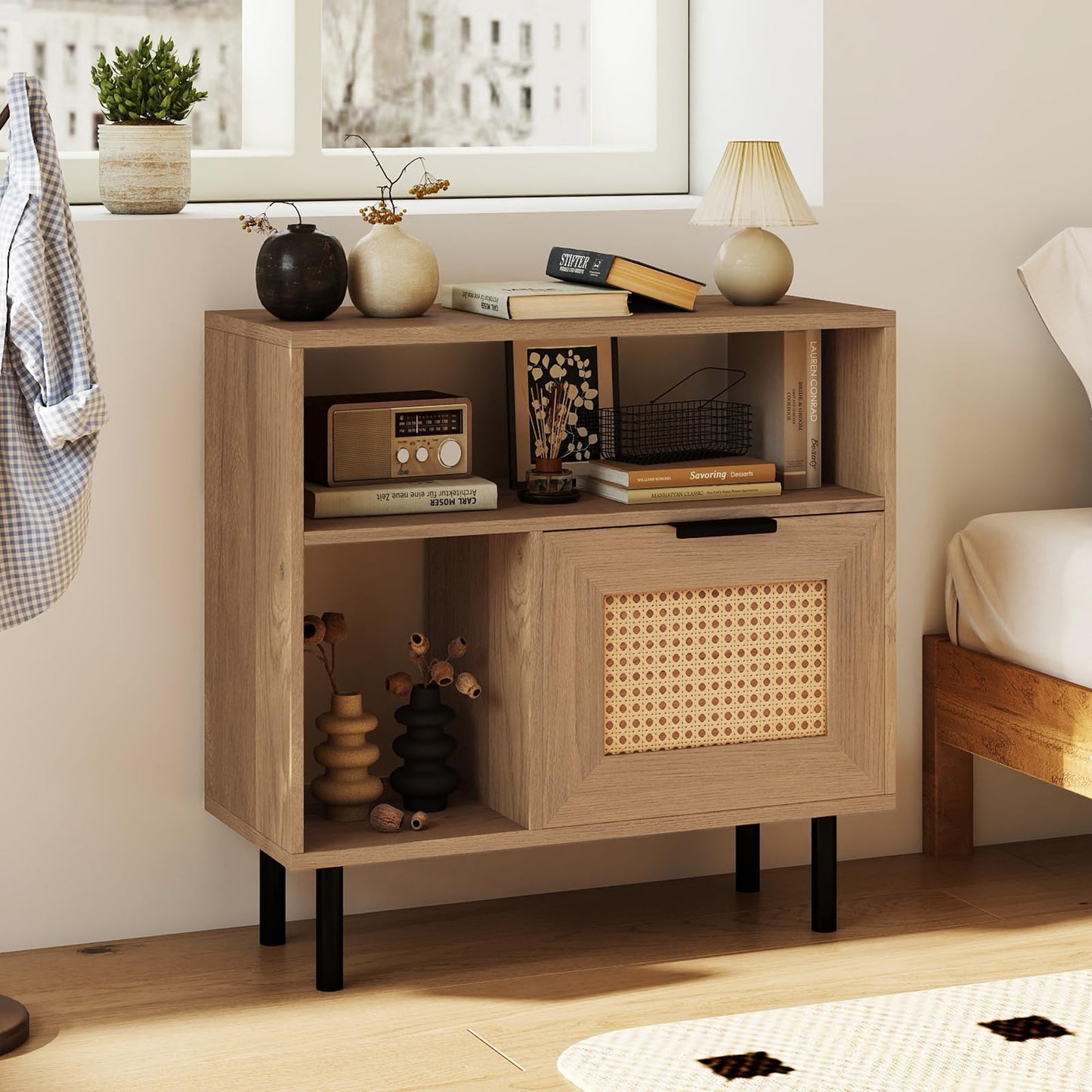Boho Rattan Side End Table with Open Storage Shelf and Cabinet