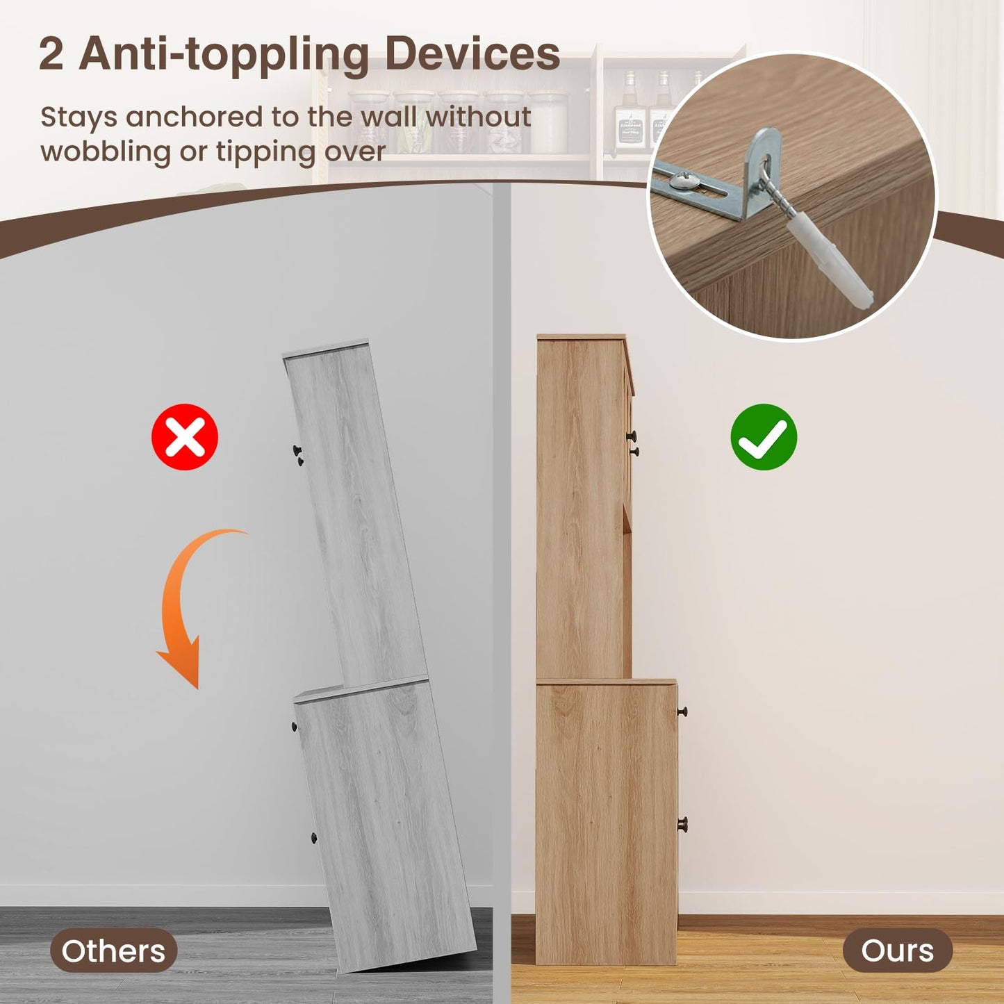 Kitchen Storage Cabinet with Charging Station and 6 Rattan Doors