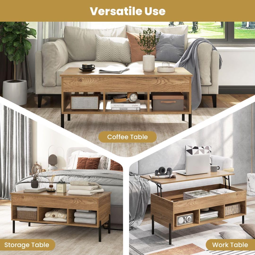 Lift Top Coffee Table with Large Hidden Compartment and 3 Open Cubbies