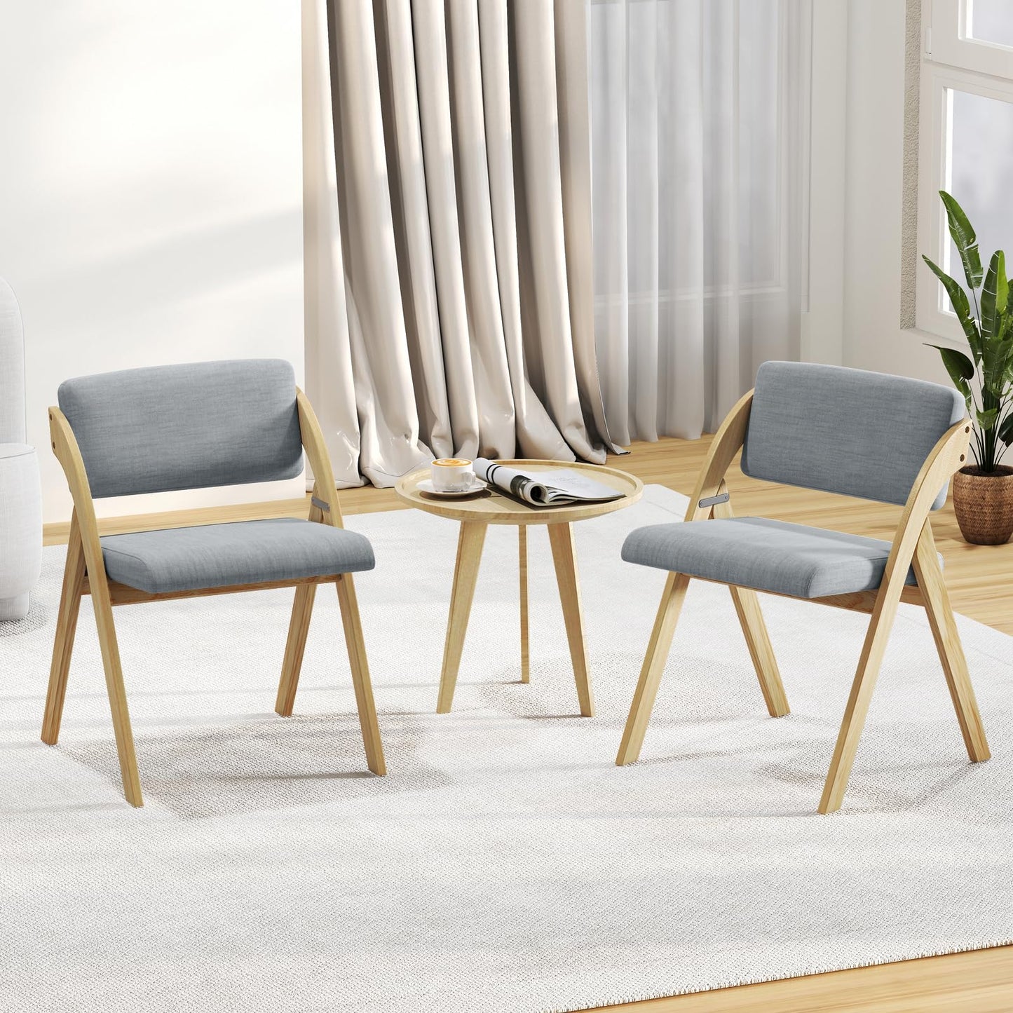 Wooden Counter Dining Chairs with Linen Fabric Seat Set of 2