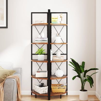 160 CM 5 tier Corner Bookshelf with Metal Frame X-shaped Brackets